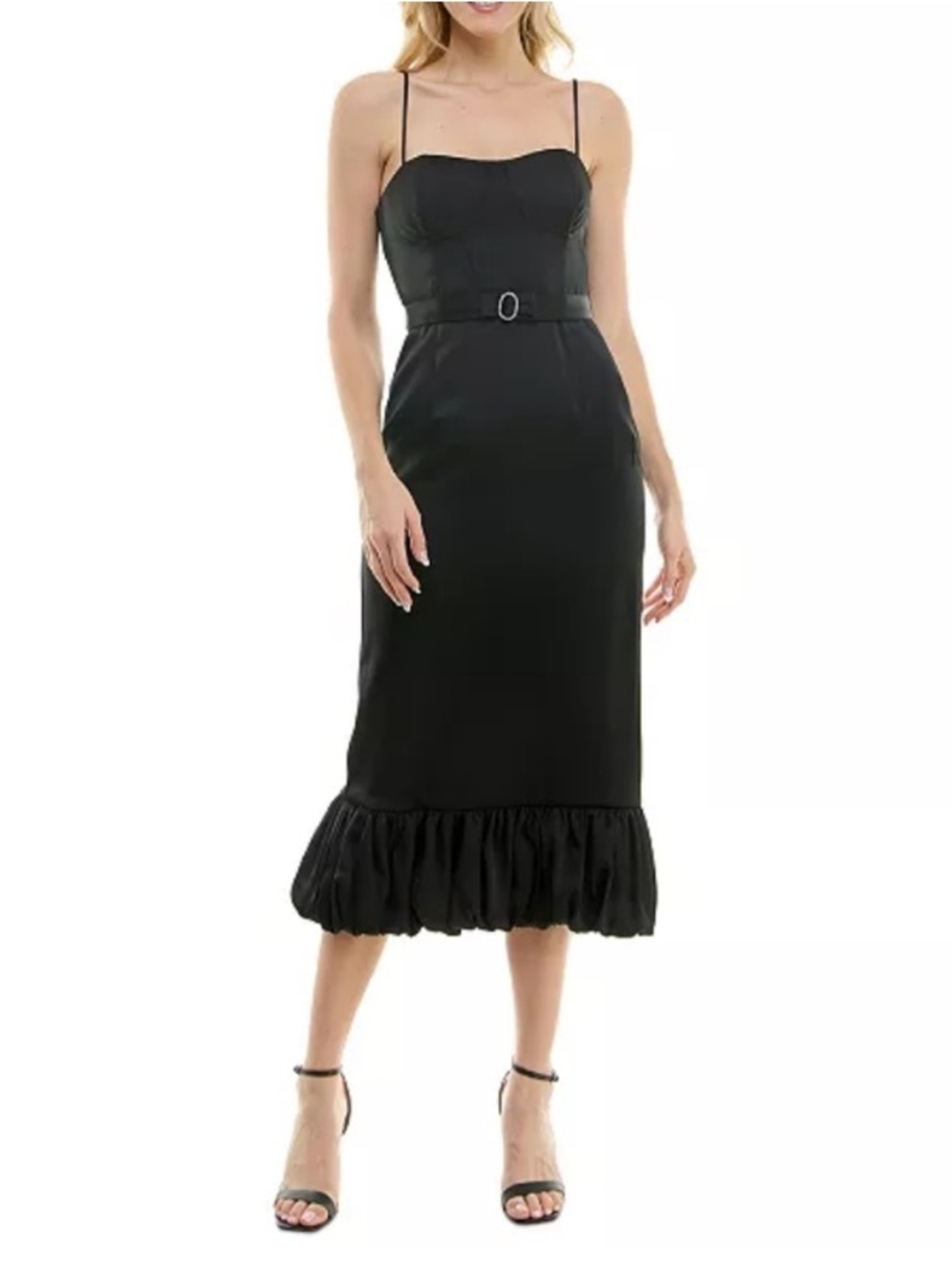 Taylor Satin Black Midi  Dress Ruffle Bottom Hem Belt Bodice Top Formfitting
